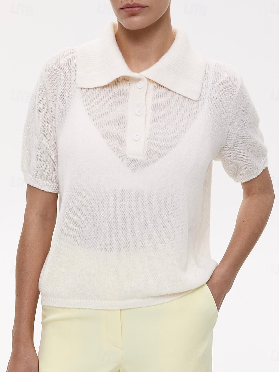Damen Pullover Lässig Weich Einfarbig Gerippt Hemdkragen Knöpfe Gestrickt Langarm Normale Oberteile Stricken Outdoor Täglich Wochenende Schwarz Weiß Herbst Winter 2025 - $23.99 –P1
