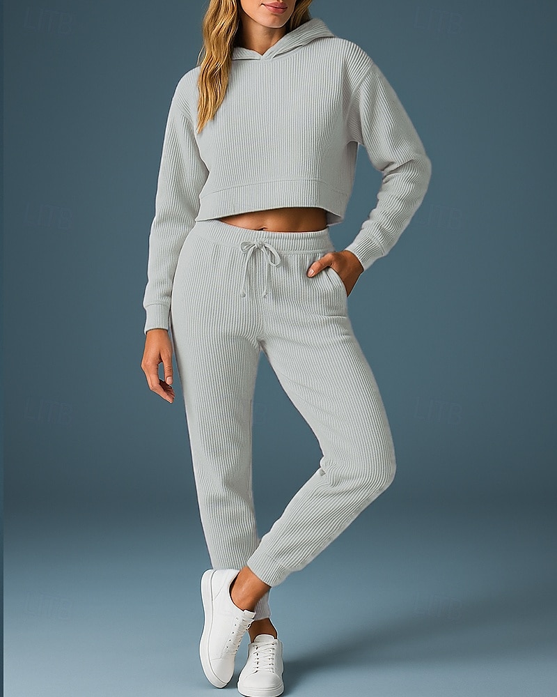 Femmes Ensemble Survetement Jogging Pantalon Sweat-shirt à enfiler Cordon de serrage À capuche Couleur Unie Ensemble Vêtements Printemps Gris foncé Noir Salle de sport Extérieur Course Taille haute de 2025 ? $39.99 –P6