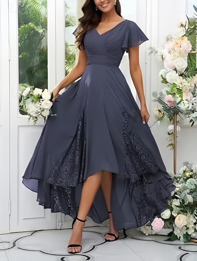 Ligne A Robes pour invités de mariage Élégant Robe robe demoiselle d honneur Fiançailles Asymétrique Manche Courte Col en V Chiffon avec Croisé Froncé 2025 de 2025 ? $167.99 –P1