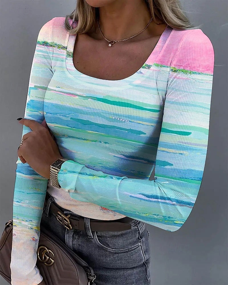Femmes Tunique A Ombre Graphique ancien Mode Élégant manche longue Col carré Hauts Réguliers Quotidien Imprimé Rouge Bleu Violet Vert Été Printemps Automne de 2025 ? $24.99 –P1