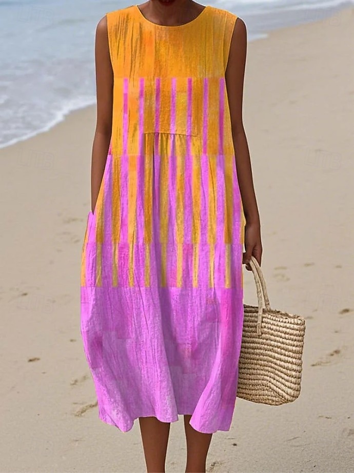 Dames Halflange jurk Zonnejurk Vakantie Casual Boho Feest Strand Ruim Passend Geometrisch Mouwloos Ronde hals Blozend Roze Rood blauw Oranje Zomer Lente 2025 - $35.99 –P2