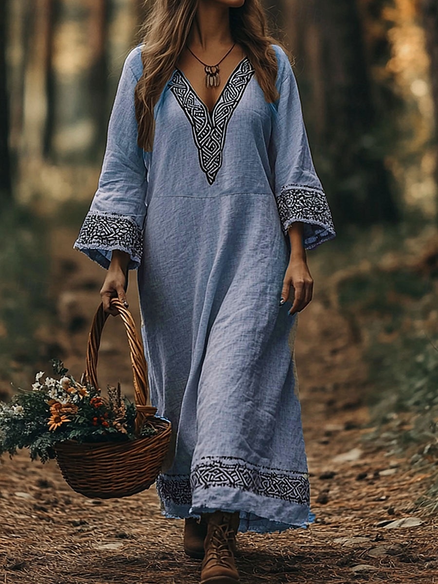Damen Maxikleid A Linie Kleid Urlaub Lässig Boho Strand Normale Passform Grafik Geometrisch Langarm V Ausschnitt Rosa Blau Purpur Grün Sommer Frühling Herbst 2025 - $35.99 –P2