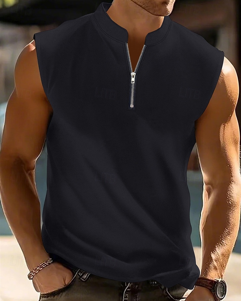 Herren Tank Top Weste Unterhemd Ärmelloses Shirt Ärmellos Viertelreißverschluss Sommer Einfach Mode Designer Basic Klassisch Urlaub Straße Ausgehen Schwarz Weiß Rote Top T-Shirt für Herren 2025 - $19.49 –P2