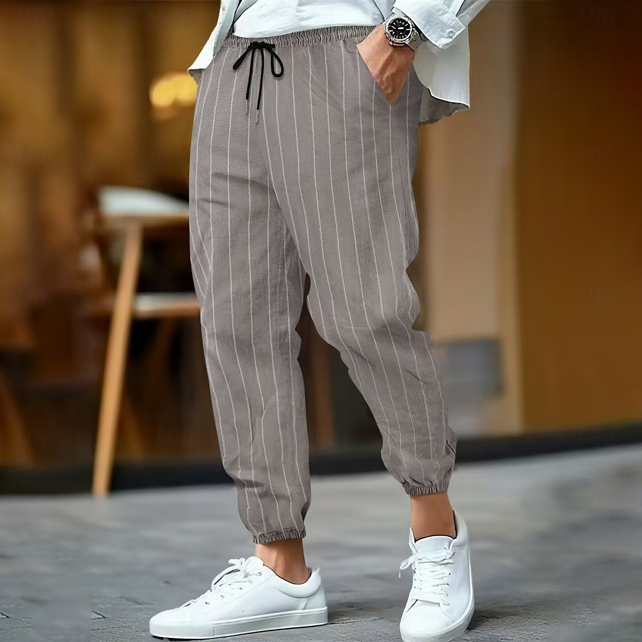 Homens Calças de linho Calças Calça verão Bolsos Cintura elástica Com Cordão Listrado Conforto Respirável Comprimento total Ao ar livre O negócio Diário Férias Negócio Preto Branco de 2025 por $23.99 –P7