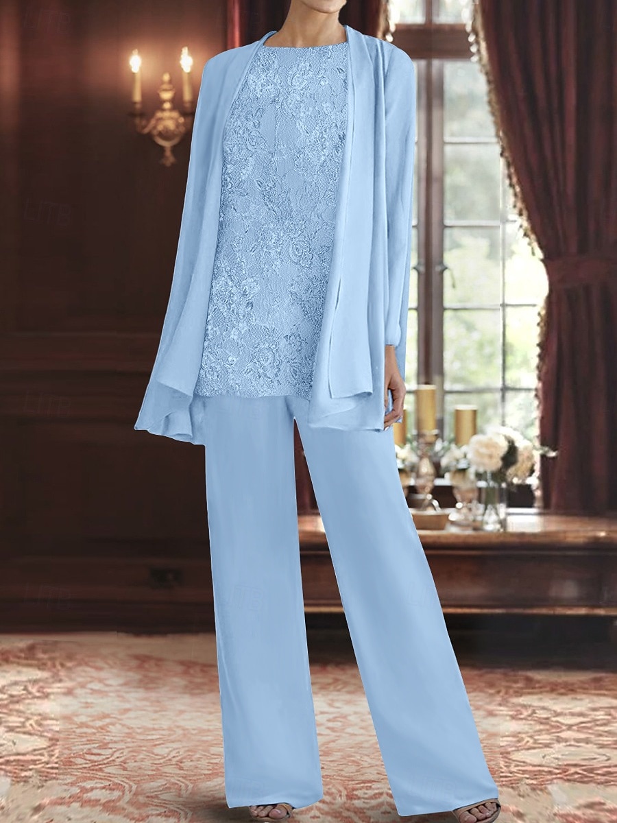 Tailleur-pantalon trois pièces robe mère de la mariée élégante col rond longueur sol polyester manches longues avec perles de 2025 ? $99.99 –P1