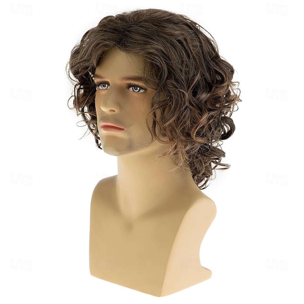 Pánská krátká kudrnatá hnědá paruka ze syntetických vlasů, párty, halloween, cosplay, paruka 2025 - $23.99 –P3