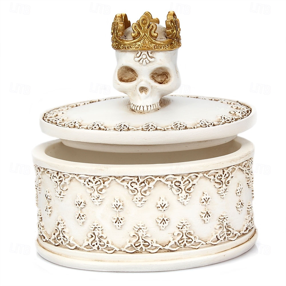 Caixa de armazenamento de joias com estátua de caveira e coroa de Halloween com tampa, à prova de poeira, suporte de vela artesanal, decoração única de Halloween, pequeno enfeite de resina para exibição de mesa em casa de 2025 por $12.99 –P2