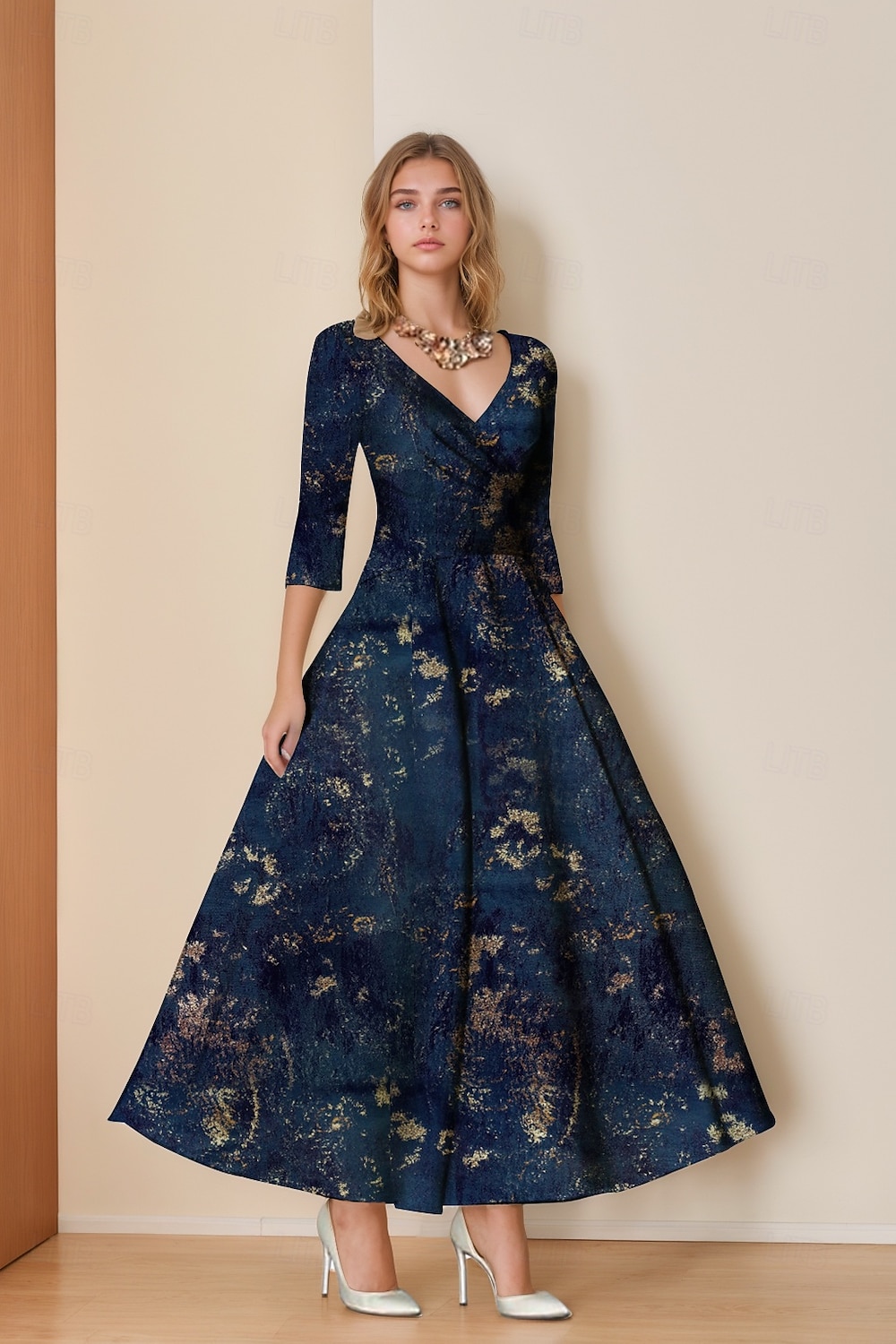 open lace back dress Sheer-Bodice Tea-Length A-Line Party Dress CD0225 Navy / 2