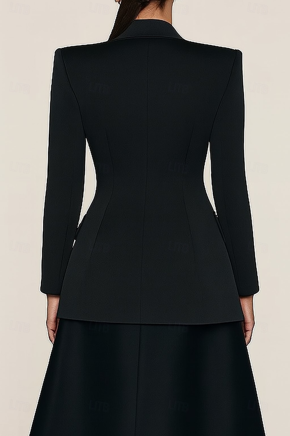 Trajes de mujer de corbata negra, top para madre de la novia, elegante satén con solapa de pico, tejido elástico de crepé, manga larga con botones, color liso 2025 2025 - $109.99 –P3