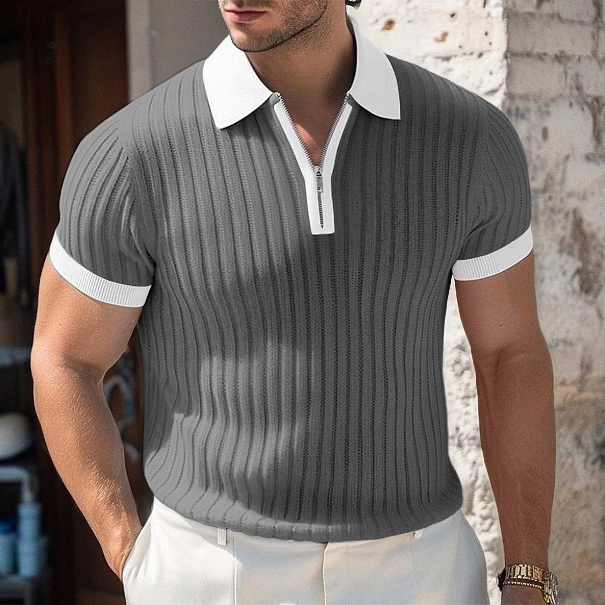 Herren Golf Poloshirts Urlaub Arbeit Revers Viertelreißverschluss Kurzarm Basic Modern Farbblock Knöpfe Gestrickt Sommer Frühling Frühling & Sommer Weiß Blau Grün Grau Golf Poloshirts 2025 - $23.99 –P6