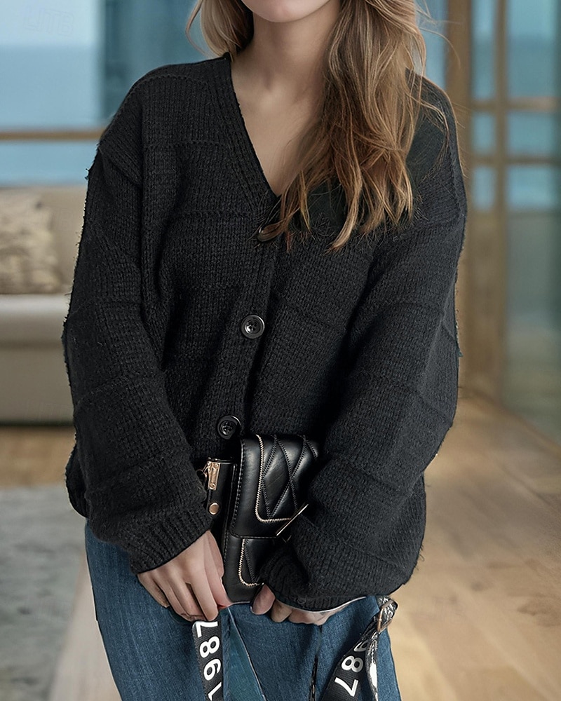 Pentru femei Pulover Bluza Modă Șic Stradă Zilnic Culoare solidă Striat În V Tricotat Manșon Lung Topuri obișnuite Tricotat Concediu Ieșire Sfârșit de săptămână Negru Alb Primăvară Toamnă 2025 - $22.99 –P7