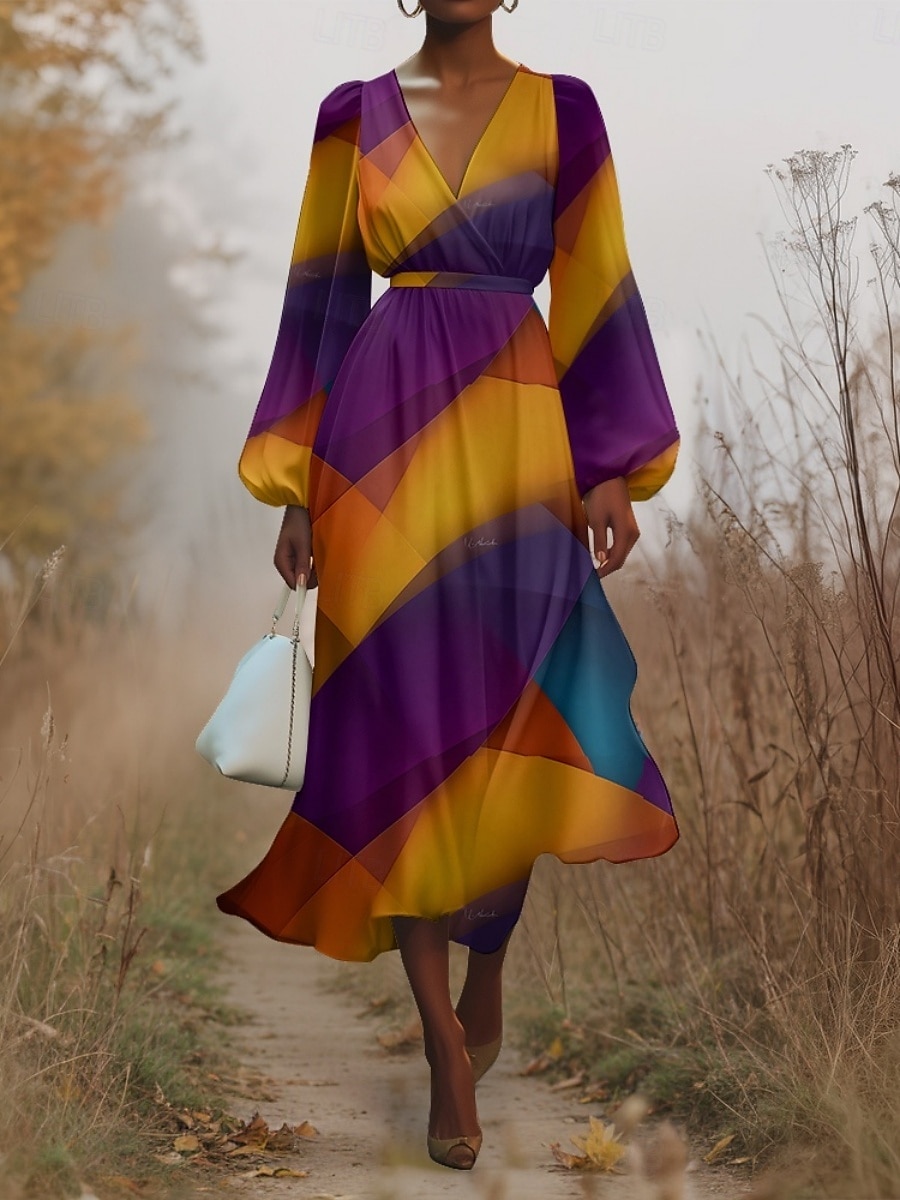 Women's Midi Dress Casual Dress Chiffon Swing Dress Modern Vacation Daily Weekend Regular Fit Geometric Long Sleeve V Neck Yellow Purple Green Summer Spring Fall Autumn 2025 - $31.99 –P5