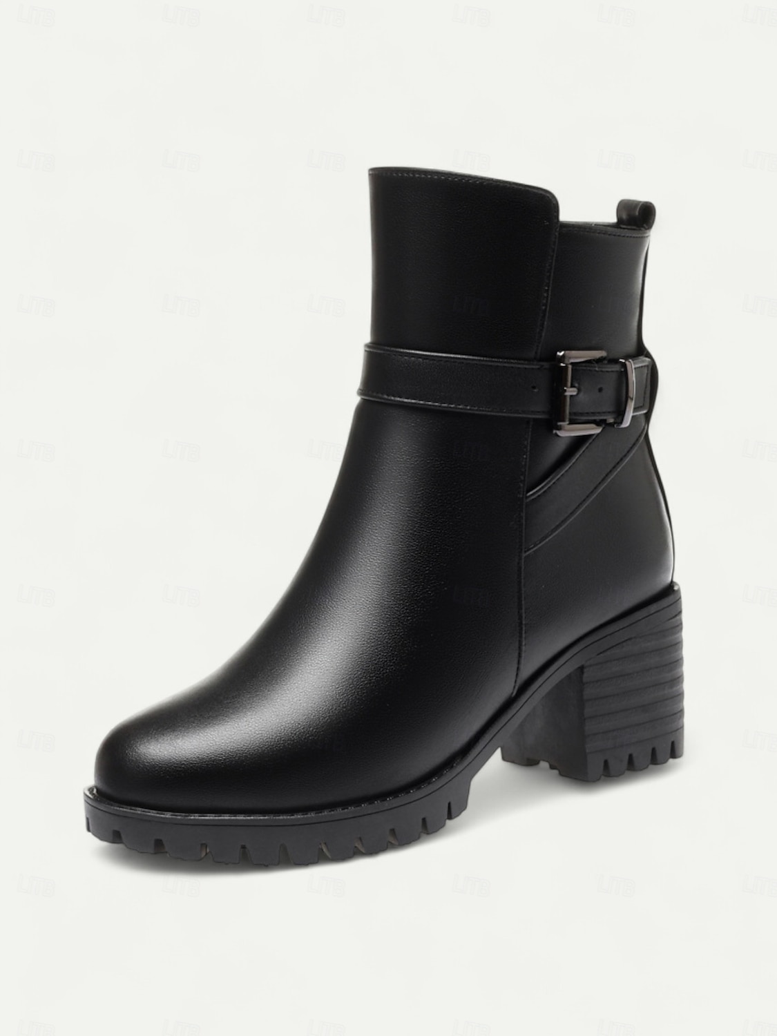 Botas femininas de couro preto - botas de inverno de salto médio com forro de pele quente, zíper lateral e fivela para clima frio, trabalho &roupas para atividades ao ar livre de 2025 por $59.99 –P5