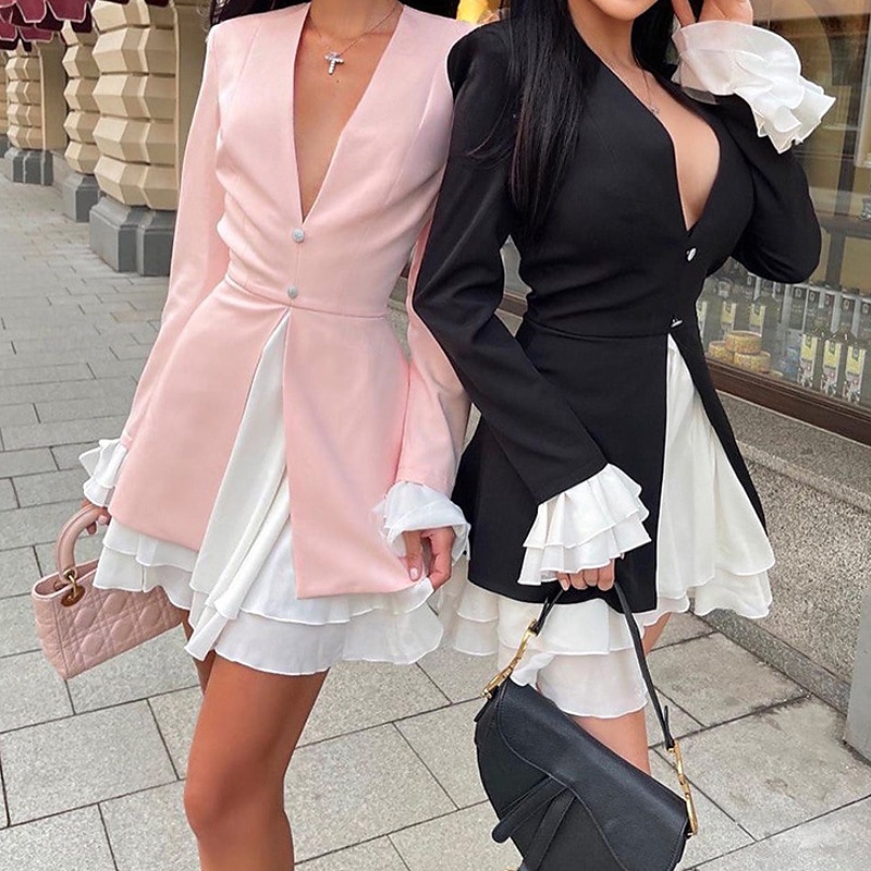 Női Mini ruha Blézer ruha Peplum ruhák Divat Modern Szabadtéri Vakáció Szabadság Normál Színes Hosszú ujj V-alakú Fekete Arcpír rózsaszín Ősz 2025 - $26.99 –P1