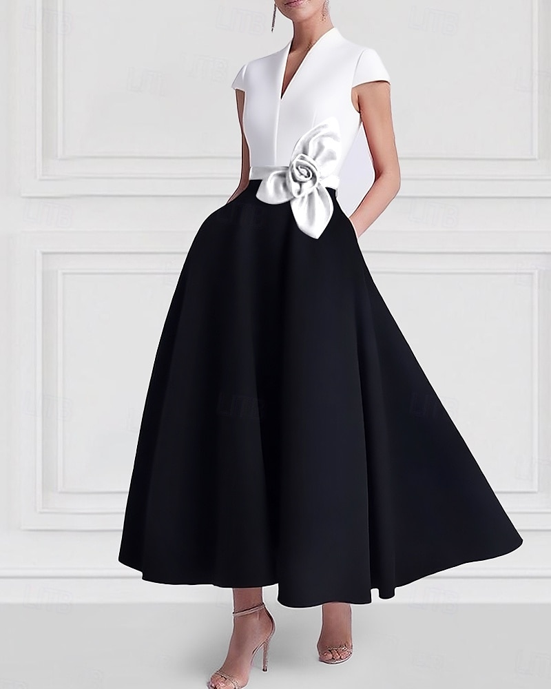 А-силуэт До щиколотки коктейльные платья Платья для вечеринок Элегантный стиль Цветовые блоки Шелковистость С короткими рукавами V-образный вырез Официальные Свадьба Карман Сатин с Карман 2025 - $139.99 –P1