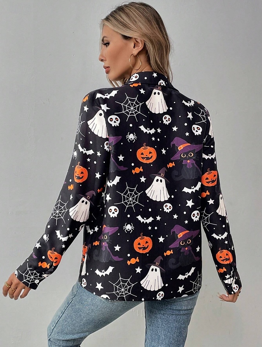 Halloween Women's Shirt Graphic Pumpkin Ghost Elegant Vintage Tropical Long Sleeve Bishop Sleeve Shirt Collar Regular Tops Daily Holiday Print Black Orange Summer Spring Fall 2025 - $32.99 –P2