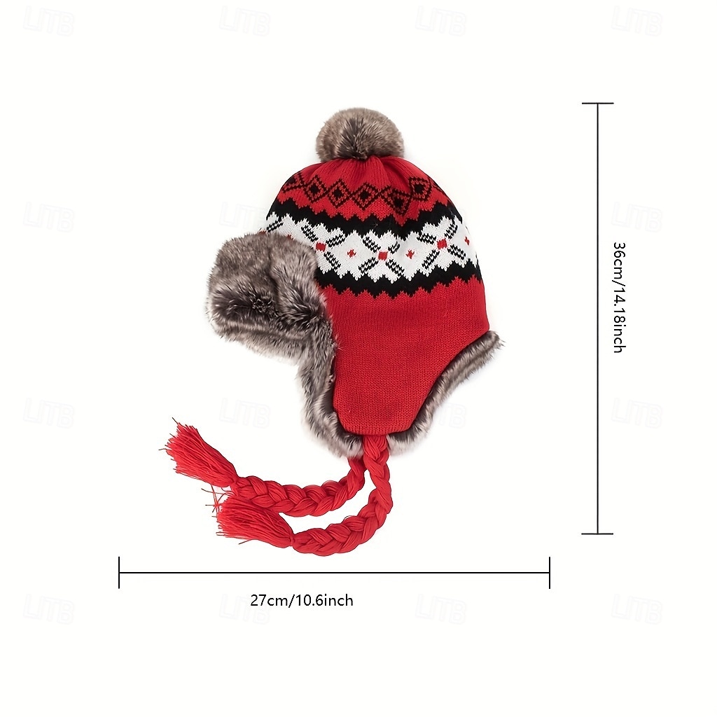 Stretch Knit Plush Winter Hat with Detachable Ear Flaps & Pom-Pom - Grid Pattern, Adjustable Drawstring for Outdoor Sports, Christmas Holiday - Black/White/Blue/Red, Winter Accessories 2025 - $29.99 –P6