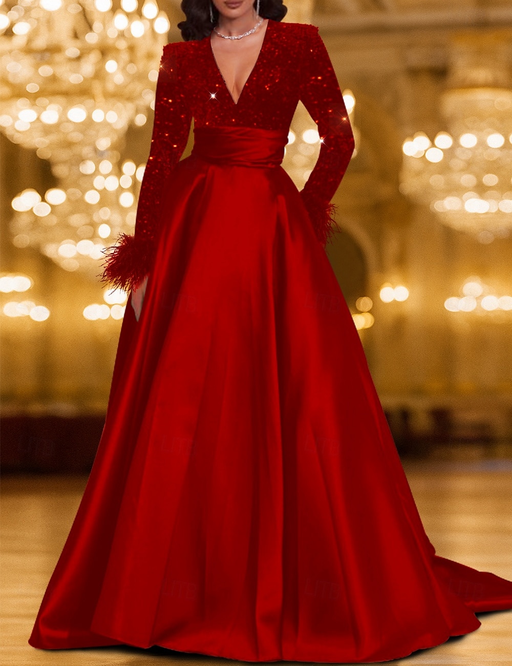 Schwarz Tie A-Linie Abendkleid Elegantes Kleid Karneval Festlich Bodenlang Langarm V-Ausschnitt Tasche Satin mit Feder Pailletten 2025 - $147.99 –P4