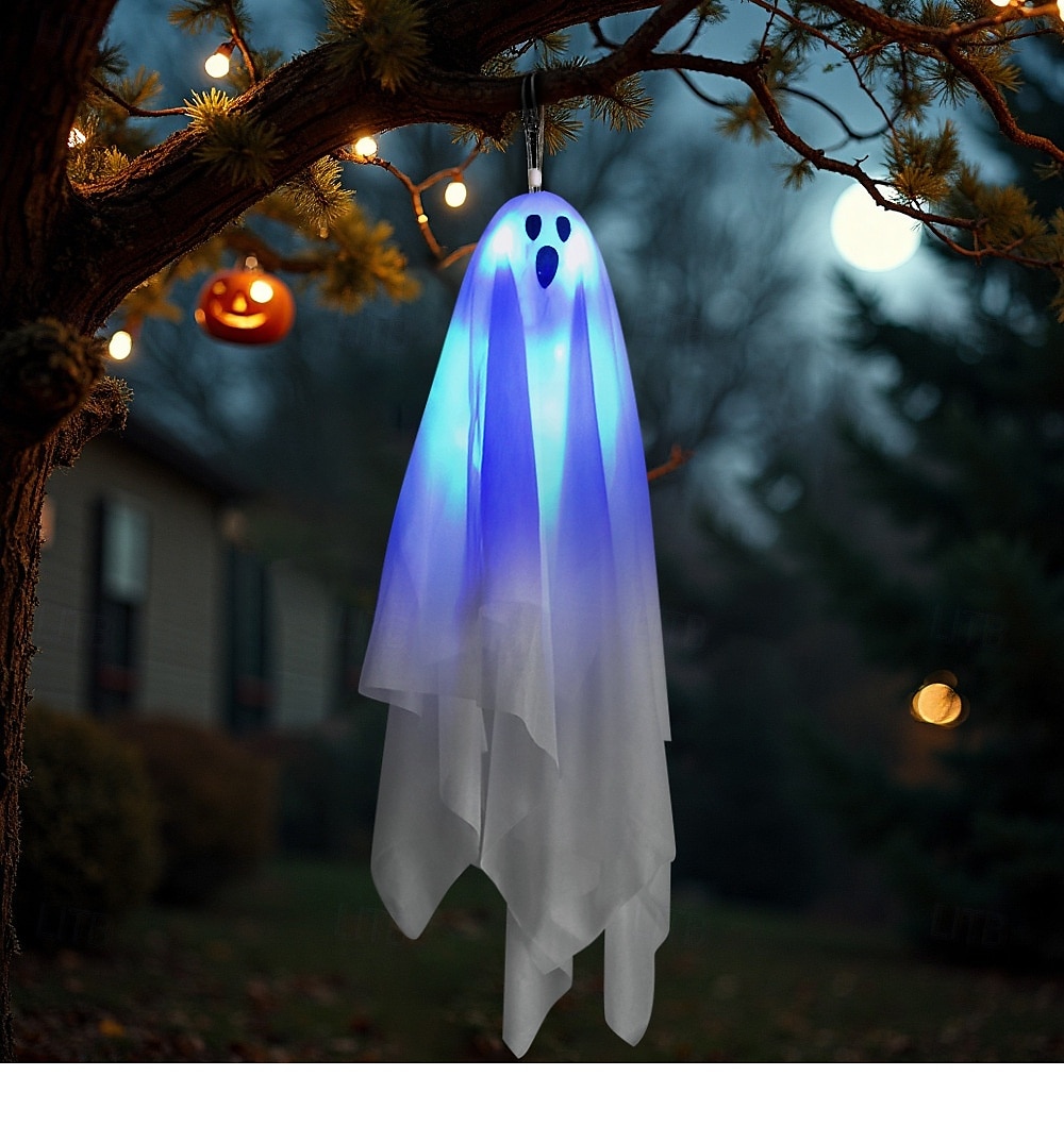 2025年 ハロウィンホラー中庭装飾タッチ発光サウンド電気ゴーストペンダントホワイト小型吊り下げゴースト装飾小道具1個  コレクション – $14.49 –P2