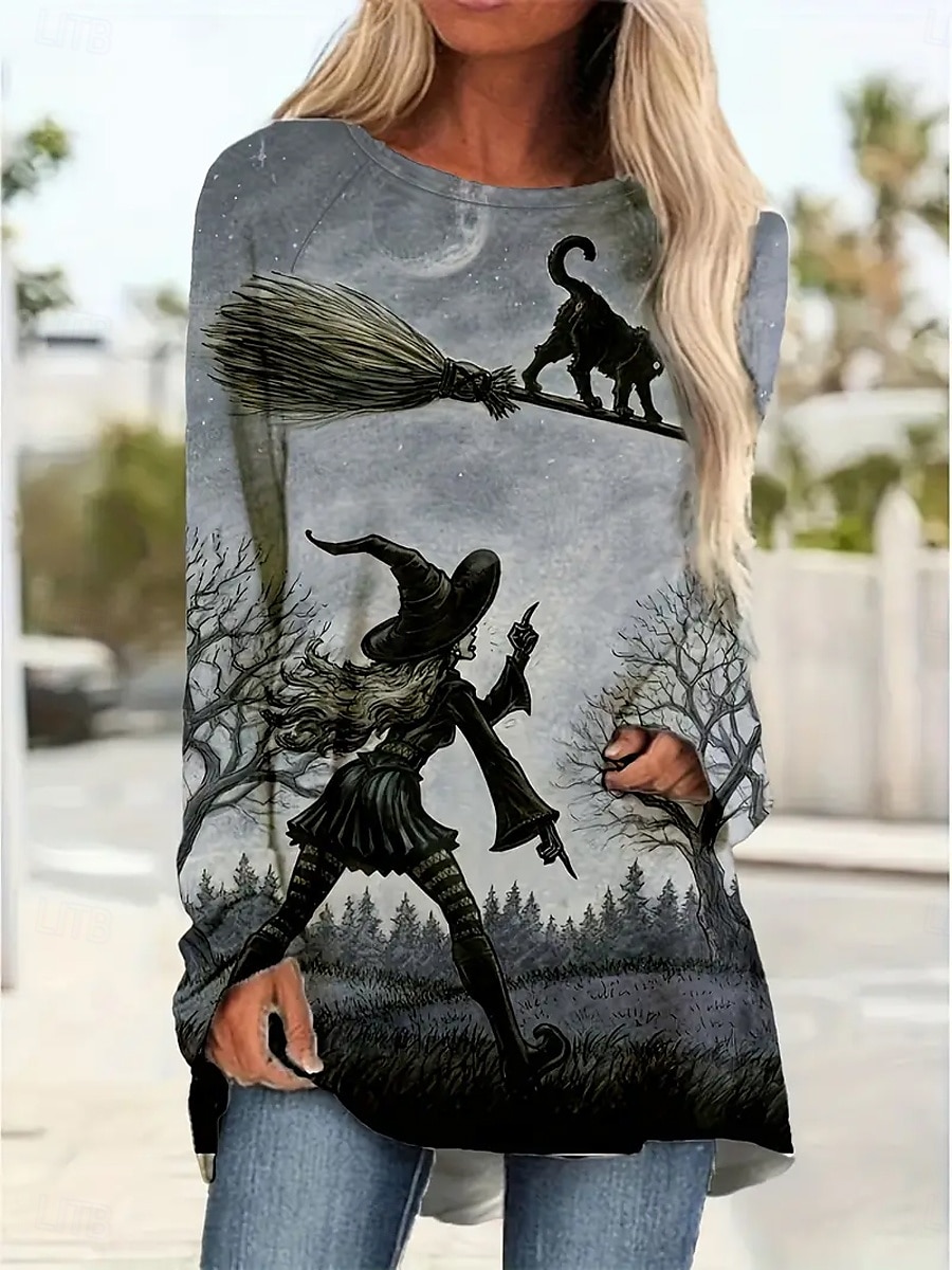 Halloween Femmes T-shirt Graphique Potiron Sorcière ancien Élégant Classique manche longue Col ras du cou Col rond Hauts Longs Quotidien Imprimé Jaune Orange Gris Printemps Automne de 2025 ? $24.99 –P2