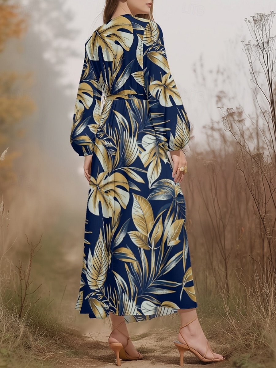 Damen Midikleid Freizeitkleid Chiffon Schwingkleid Modern Urlaub Täglich Wochenende Normale Passform Blatt Tropisch Langarm V Ausschnitt Marineblau Blau Dunkelblau Blau Schwarz Sommer Frühling Herbst 2025 - $31.99 –P10