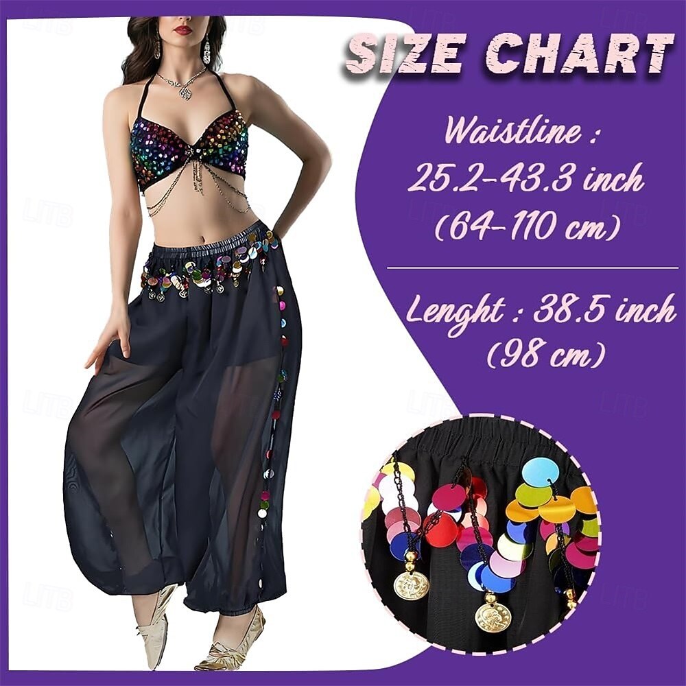Women's Belly Dance Pants Elastic Wasited Coin Lantern Pants Side Split Sequin Shiny Harem Arabian India Performance Trousers 2026 - $30.99 –P2