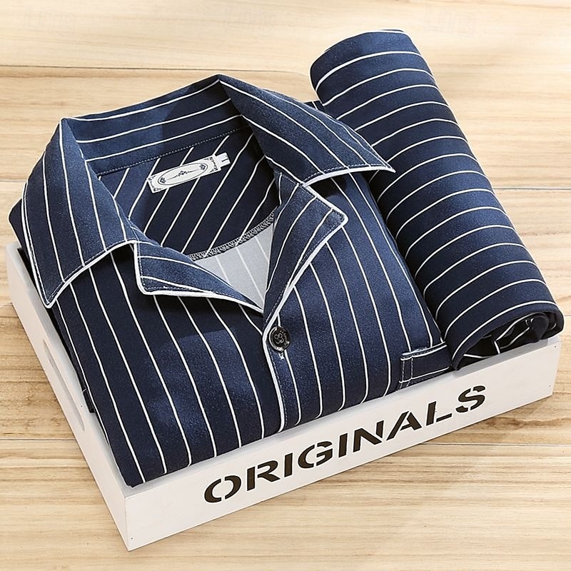 Men's Sleepwear Pajama Set Pajama Top and Pant 1 set Stripe Fashion Stylish Classic Home Daily Bed Polyester Comfort Soft Breathable Lapel Long Sleeve Shirt Pant Elastic Waist Buttons Spring Fall 2025 - $16.99 –P1