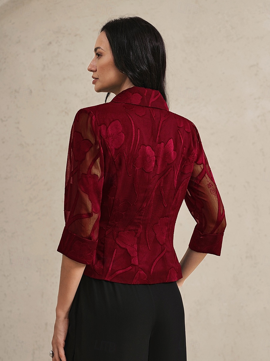 Dames Overhemd Blouse Bloemig Elegant Stijlvol 3/4 mouw V-hals Normale tops Werk Dagelijks strik voorkant Geklede tuniek Asymmetrisch Wijn Zomer Lente Herfst 2025 - $59.99 –P2