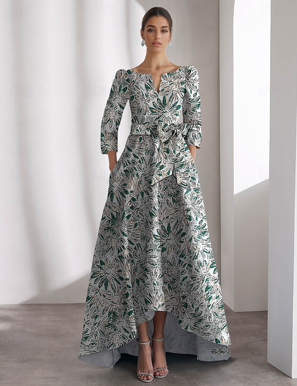 vestido jacquard floral azul, vestidos de coquetel em linha A, vestido formal de gala com gravata preta, manga 3/4, decote em V com bolso, 2025 de 2025 por $145.99 –P4
