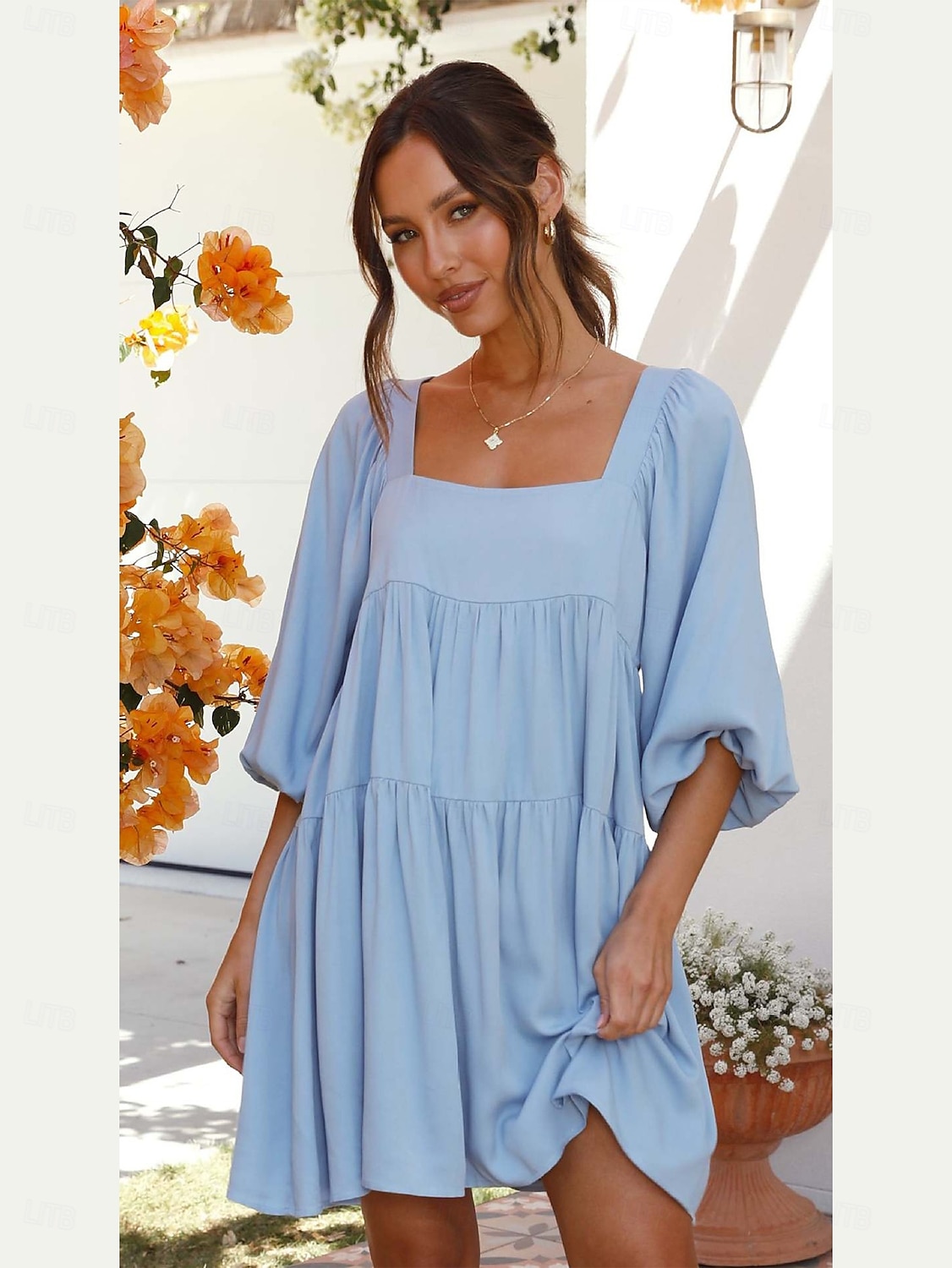 Damen Minikleid Sommerkleid Figurbetontes Kleid Rückenfreies Kleid Urlaub Party Geburtstag Laternenärmel Party Täglich Ferien Lässiger Schnitt Einfach Dreiviertelarm Quadrathals Hellblau Orange 2025 - $28.99 –P5