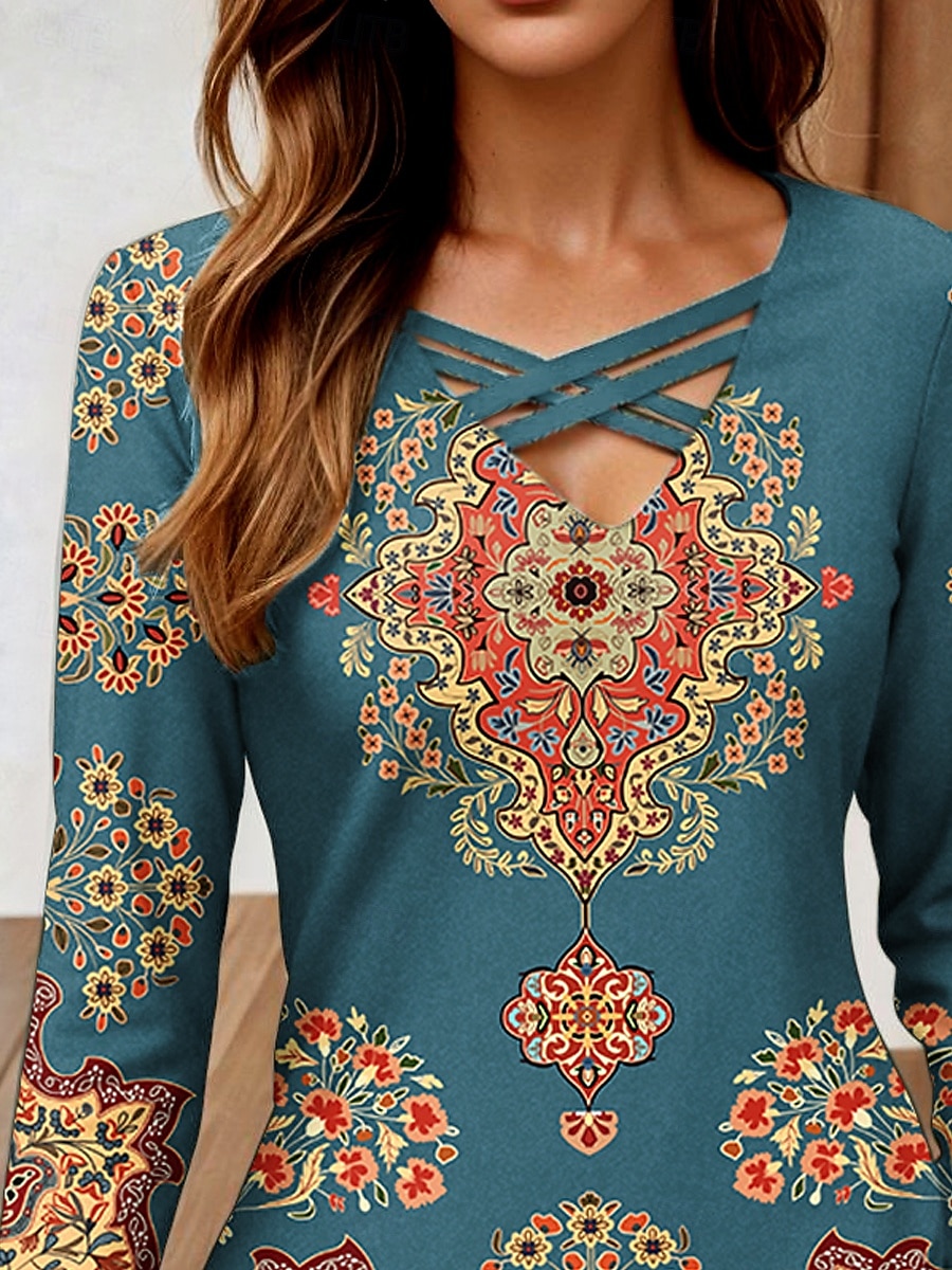Pentru femei Tricou Grafic Geometric Imprimeu Paisley Epocă Stilat Clasic Manșon Lung În V Topuri obișnuite Zilnic Eliminat Imprimeu Albastru Prăfuit Primăvară Toamnă 2025 - $22.99 –P2