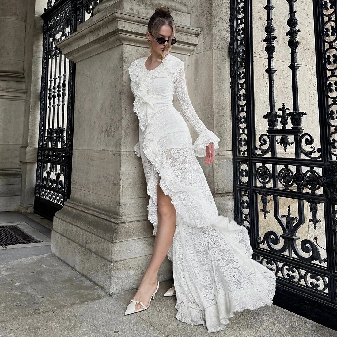 Damen Maxikleid Etui-Kleid Party Geburtstag Cocktail Trompetenärmel Party Ausgehen Strand Figurbetonter Schnitt Einfarbig Langarm V Ausschnitt Weiß Frühling Herbst 2025 - $51.99 –P5