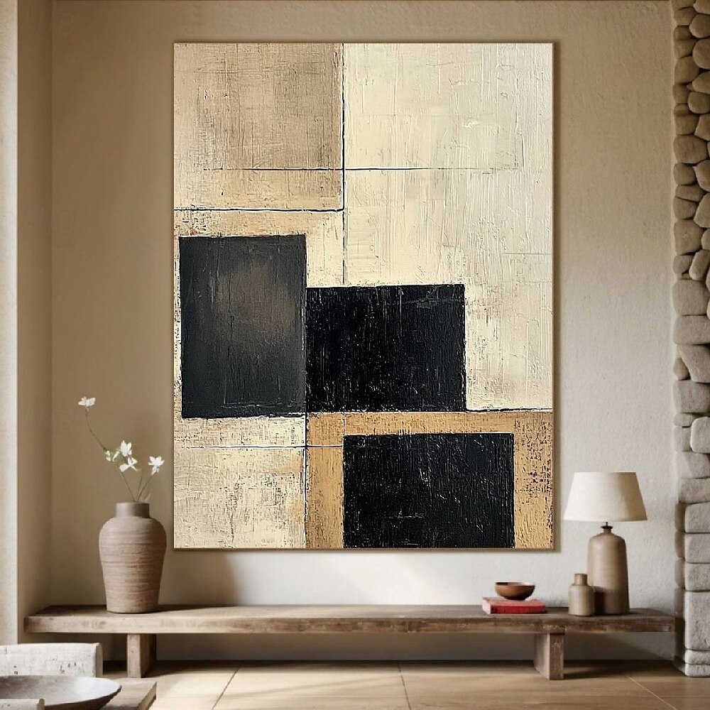 Handmade hand Painted Geometric Oil Painting Abstract Rectangles Modern Minimalist Art Textured Canvas Beige Taupe Charcoal Black Blocks Neutral Tones Contemporary Home Decor Wall Art Living Room 2025 - $100.99 –P4