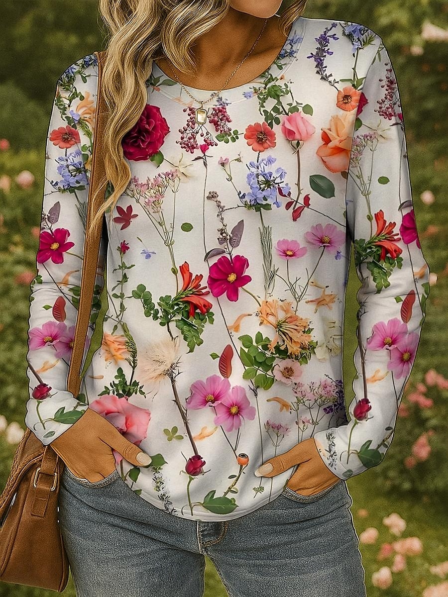 Pentru femei Tricou Floral Grafic Plante Epocă Stilat Clasic Manșon Lung Stil Nautic Rotund Topuri obișnuite Zilnic Imprimeu Galben Roșu-aprins Albastru piscină Mov Trifoi Vară Primăvară Toamnă 2025 - $22.99 –P1