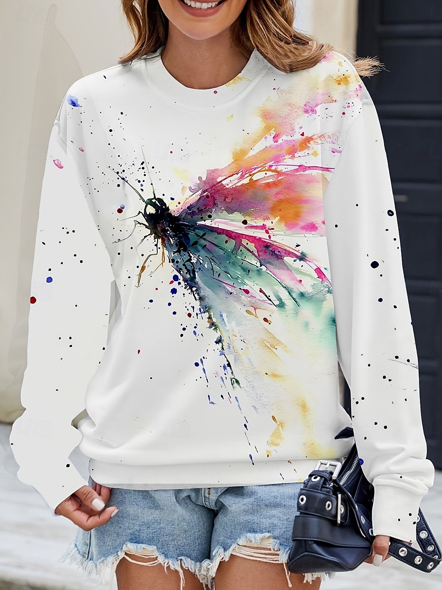 Damen Pullover Sweatshirt Grafik Schmetterling Abstrakt Mode Lässig Langarm Rundhalsausschnitt Normale Oberteile Straße Alltagskleidung Lässig Druck Weiß Herbst Winter 2025 - $24.99 –P1