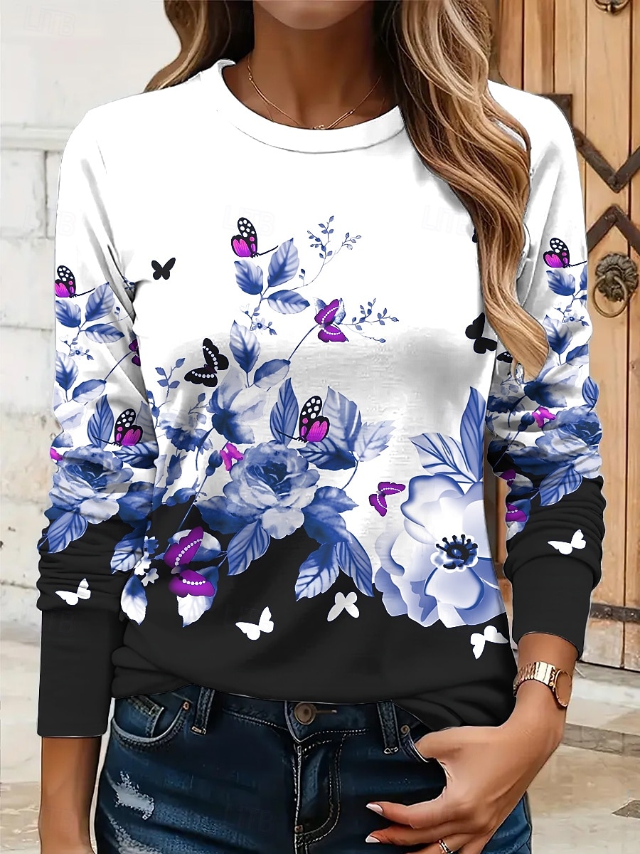 Per donna Maglietta Floreale Grafico Farfalla Vintage Elegante Classico Manica Lunga Girocollo Top Regolari Quotidiano Stampato Giallo Rosso Blu Viola Verde Estate Primavera Autunno del 2025 a $22.99 –P4