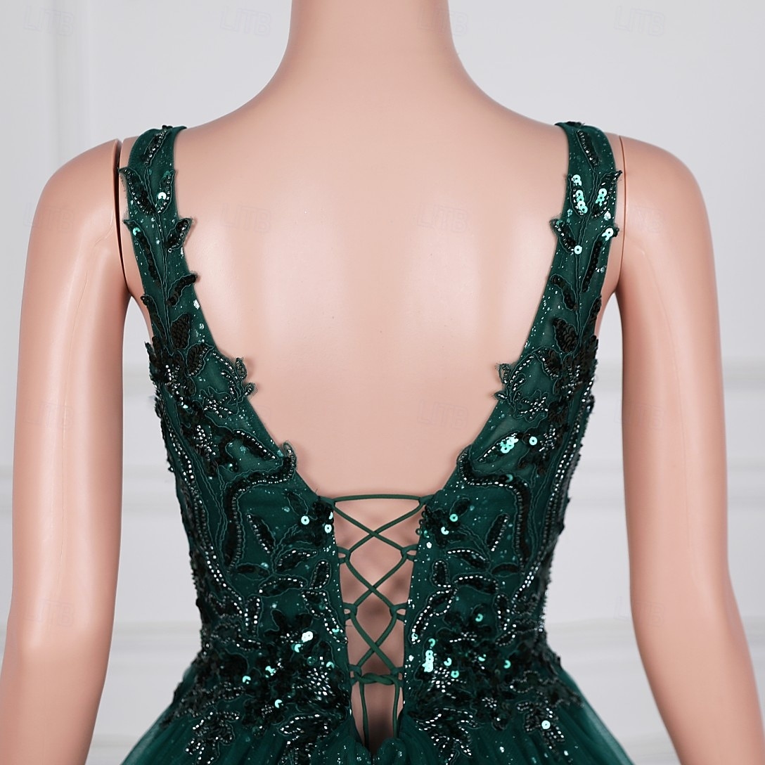 Abito da sera a sirena  tromba Elegante abito cocktail per il rientro a casa con strascico  traino spazzola senza maniche colletto a V in pizzo con applicazioni di paillettes del 2025 a $134.99 –P4