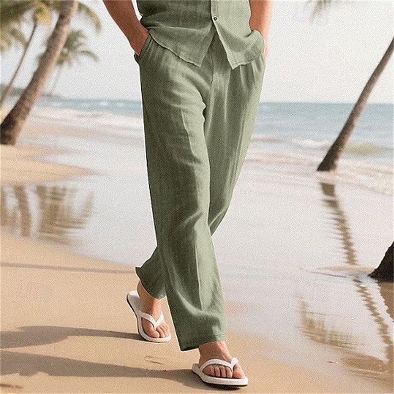Men's Linen Pants Trousers Summer Pants Baggy Pants Beach Pants Drawstring Elastic Waist Straight Leg Plain Comfort Breathable Full Length Casual Daily Outdoor Vacation Classic Style Khaki Inelastic 2026 - $21.99 –P10