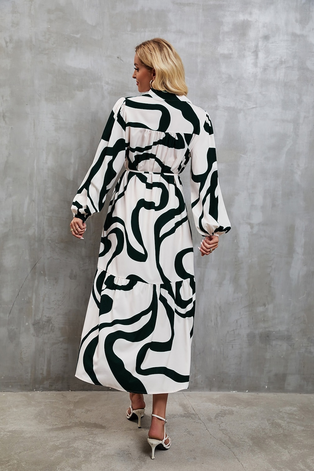 Dames Maxi-jurk A lijn jurk Vakantie Feest Casual Feest Dagelijks Afspraakje Normale pasvorm Abstract Lijn Lange mouw Overhemdkraag Zwart-wit print Groene en witte print Zomer Lente Herfst 2025 - $32.99 –P4