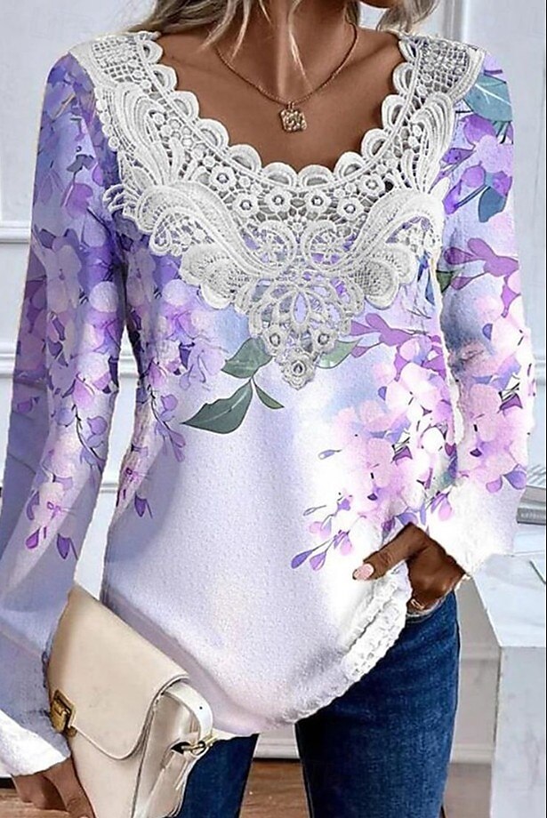 Femmes Chemisier Fleuri Graphique Plantes Élégant ancien Mode manche longue Col ras du cou Col en V Hauts Réguliers Quotidien Sortir Week-end Dentelle Patchwork Imprimé Rose poussiéreuse Violet Kaki de 2025 ? $23.99 –P1