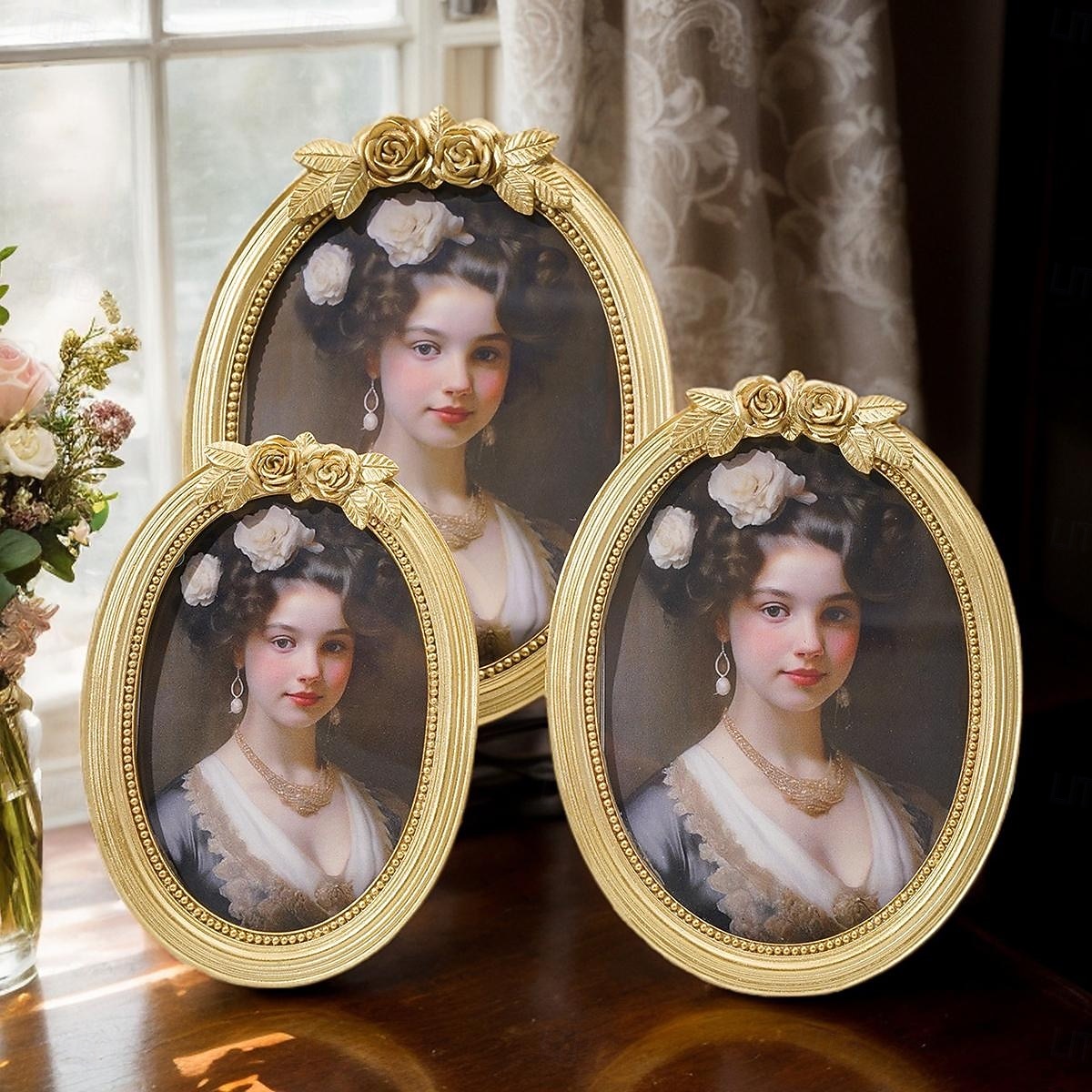 Gold 3D Rose Oval Decorative Photo Frame, European Style Elegant Gold Tabletop Frame, Warm Home Decor for Photo Display and Photography Props 2025 - $13.99 –P7