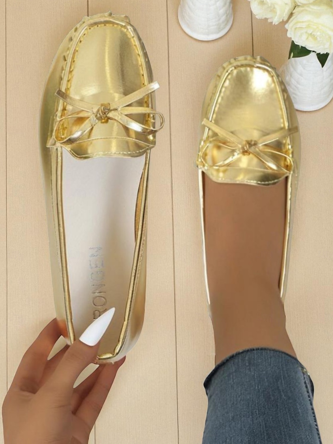 Damen-Mokassins mit goldfarbener Metallic-Schleife – bequeme Slipper, lässige und elegante flache Schuhe für Damen, perfekt für Partys, Reisen und den Alltag 2025 - $19.99 –P7