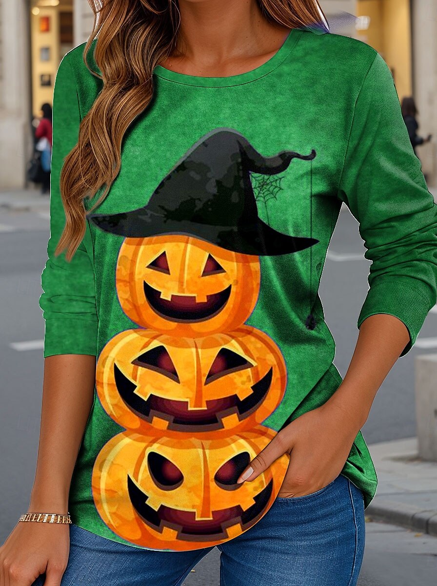 Halloween Femmes T-shirt Graphique Potiron ancien Élégant Classique manche longue Col ras du cou Hauts Réguliers Quotidien Imprimé Bleu Violet Vert Kaki Printemps Automne de 2025 ? $22.99 –P2