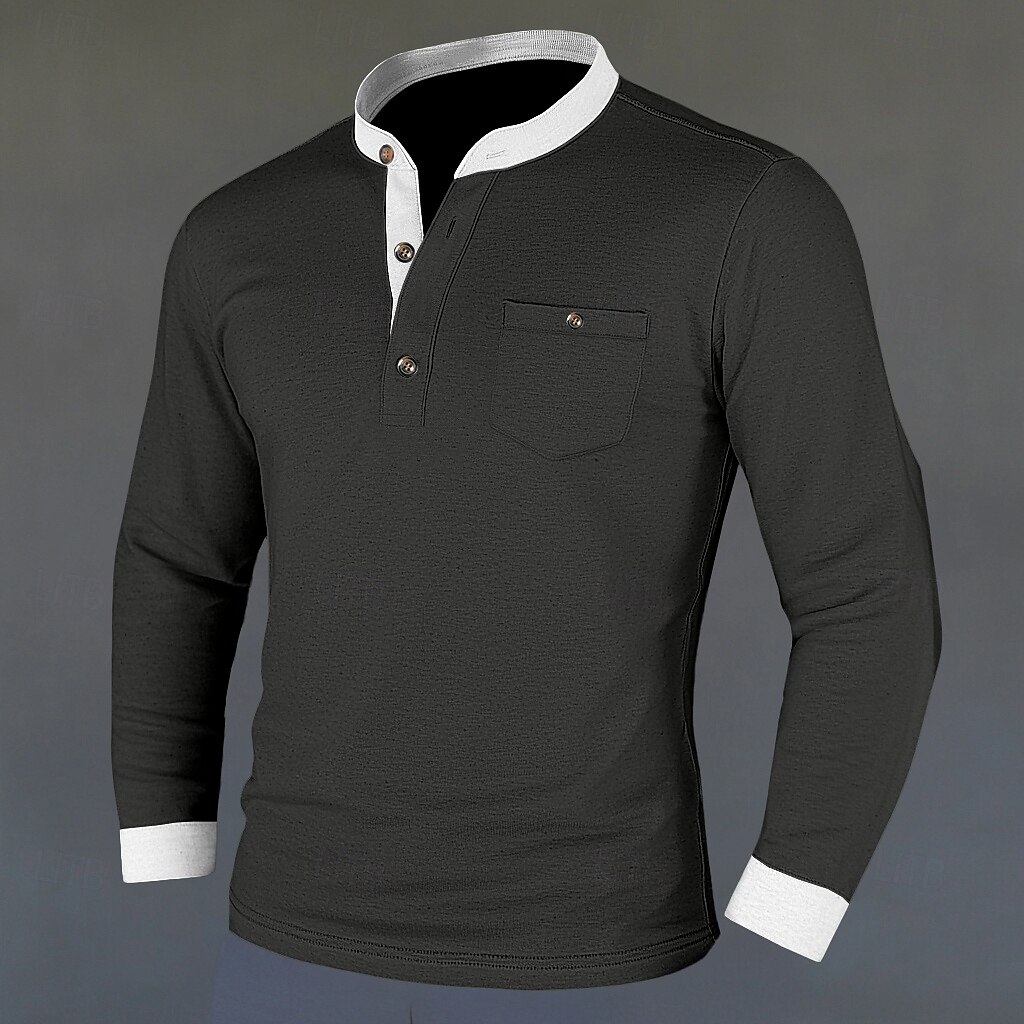 Herren Henley Hemd T-Shirt T-Shirt aus Baumwollmischung Langarm Farbblock Einheitliche Farbe Mode Designer Basic Patchwork Stehkragen Henley Urlaub Straße Lässig Frühling & Herbst Schwarz Marineblau 2025 - $21.99 –P6