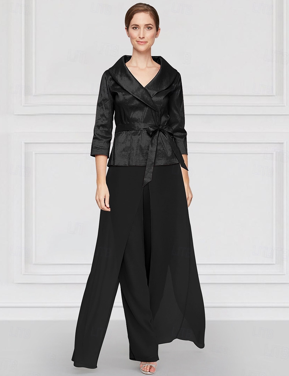 Two Piece Pantsuit Mother of the Bride Wedding Guest Elegant Simple Tailored Lapel Floor Length Chiffon Stretch Satin Long Sleeve with Sash / Ribbon Solid Color 2025 2025 - $132.99 –P6