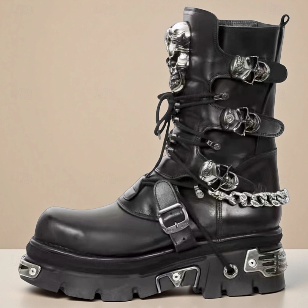 czarne, gotyckie buty bojowe męskie z klamrami w kształcie czaszki – sznurowane botki w stylu punkowym, idealne do jazdy na motocyklu i na Halloween 2025 - $229.99 –P1
