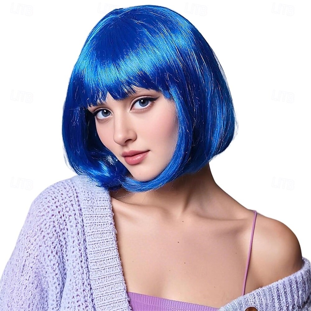Peruca bob azul com franja curta de 12 polegadas, peruca reta para cosplay feminina, festa de halloween de 2026 por MXN $425.36 –P1