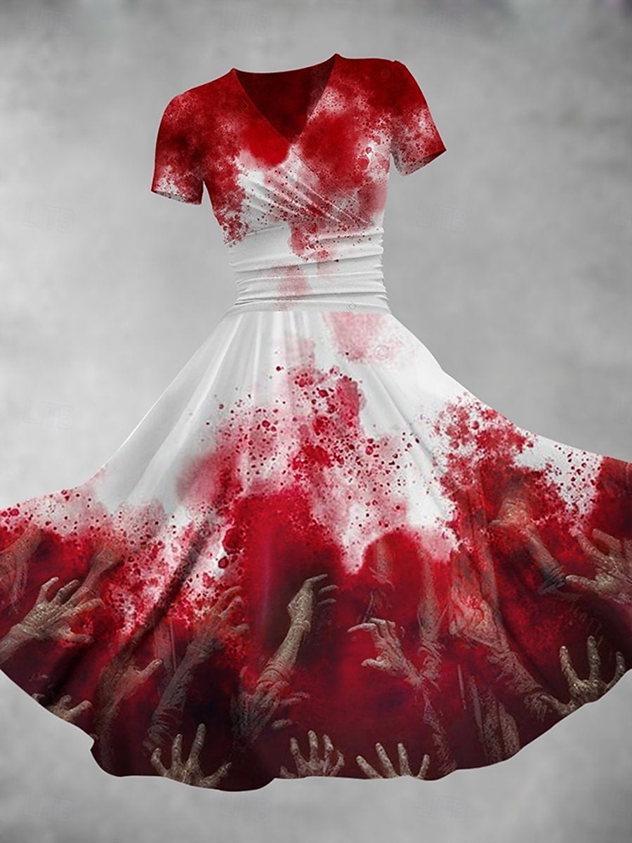 Robe midi d'Halloween pour femme, robe trapèze, robe d'été, robe ajustée et évasée, soirée, décontractée, tous les jours, vacances, coupe classique, graphique, abstrait, manches courtes, col en V, de 2025 ? $26.99 –P2