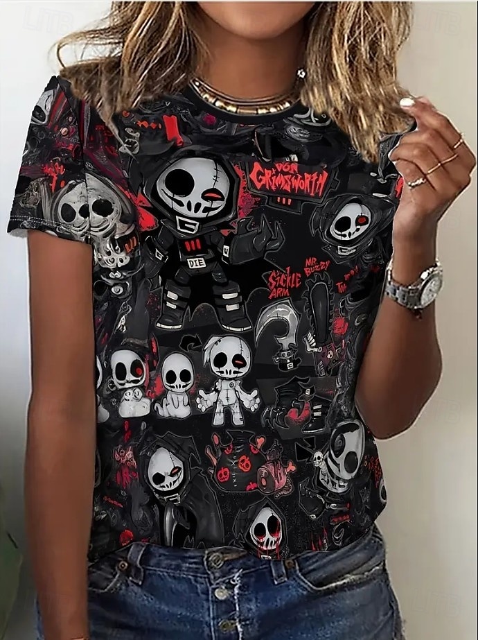 Halloween Γυναικεία Μπλουζάκι Γραφική Απόκριες Σκελετός Στυλάτο Καθημερινό Κοντομάνικο Στρογγυλή Λαιμόκοψη Κανονικά μπλουζάκια Καθημερινά Σαββατοκύριακο Στάμπα 2025 - €20.99 –P3