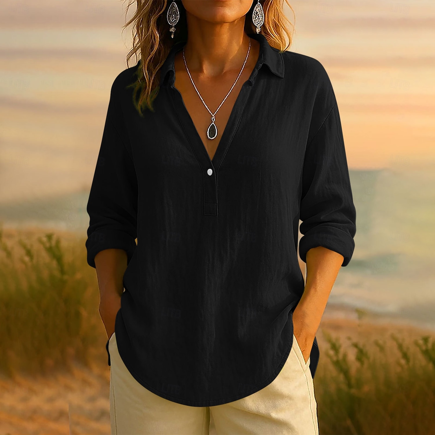 Damen Bluse Einfarbig Elegant Lässig Langarm V Ausschnitt Normale Oberteile Täglich Ferien Knöpfe Schwarz Rosa Blau Purpur Grün Sommer Frühling Herbst 2025 - $25.99 –P5